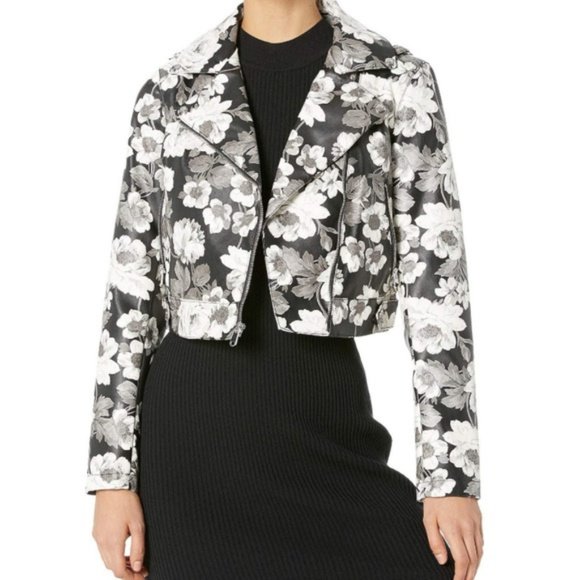 🔥SOLD🔥Sam Edelman Gray Black White Vegan Leather Floral Moto Jacket Size S NWT - Picture 3 of 9